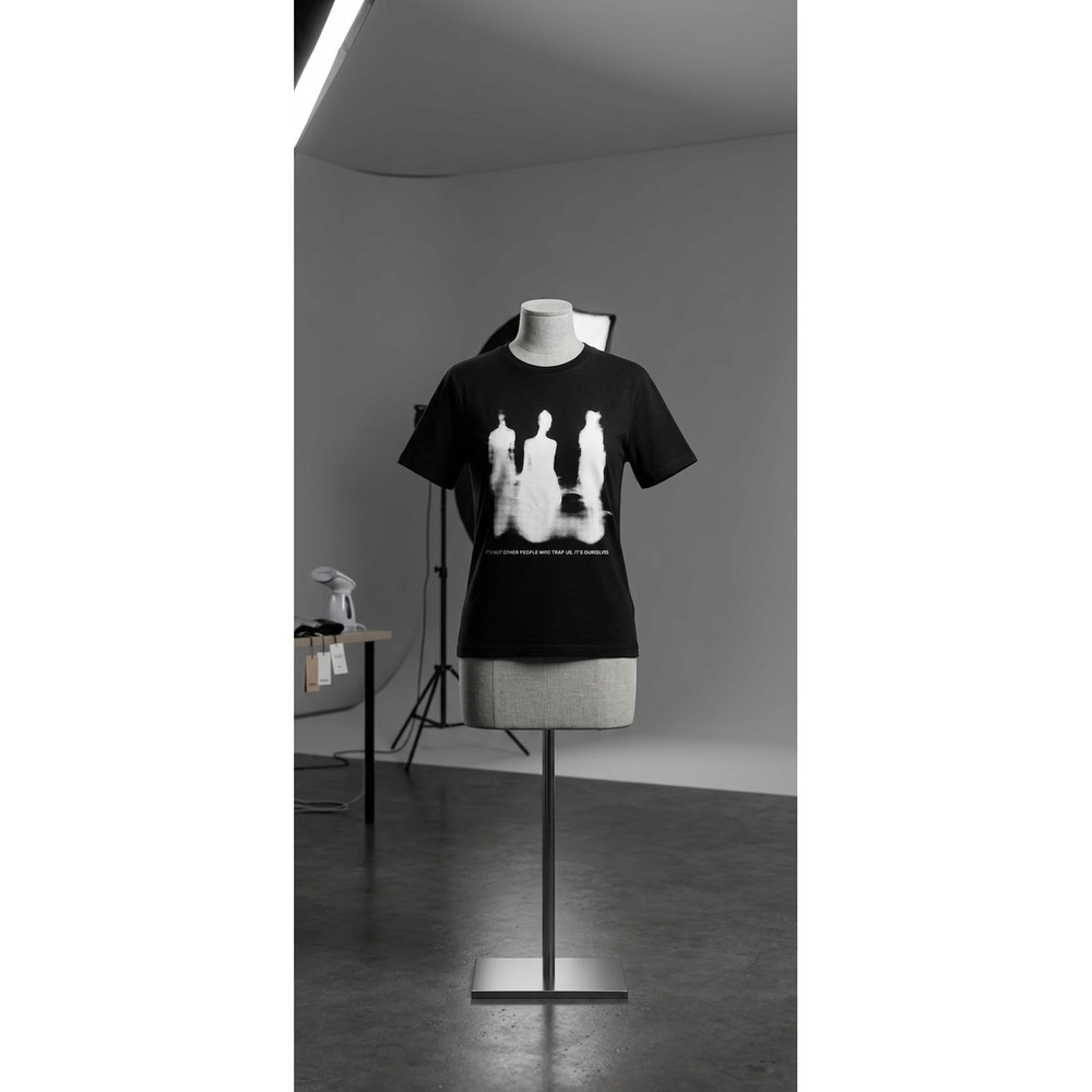 Graphic Quote T-Shirt Black Cotton Unisex Blurred Figures Streetwear Tee